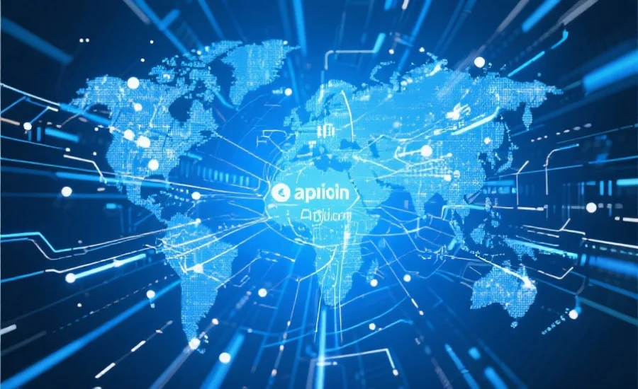 一张抽象风格的数字网络图，突出应用与全球连接的概念，背景为蓝色和白色科技感线条