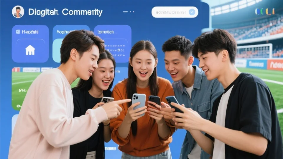 一群年轻人在手机上热烈讨论体育赛事，背景为现代化的数字社区界面