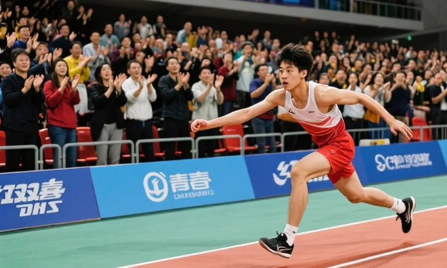 一名年轻运动员在体育比赛中奋力拼搏，观众席上掌声雷动，展现青春奋斗的画面